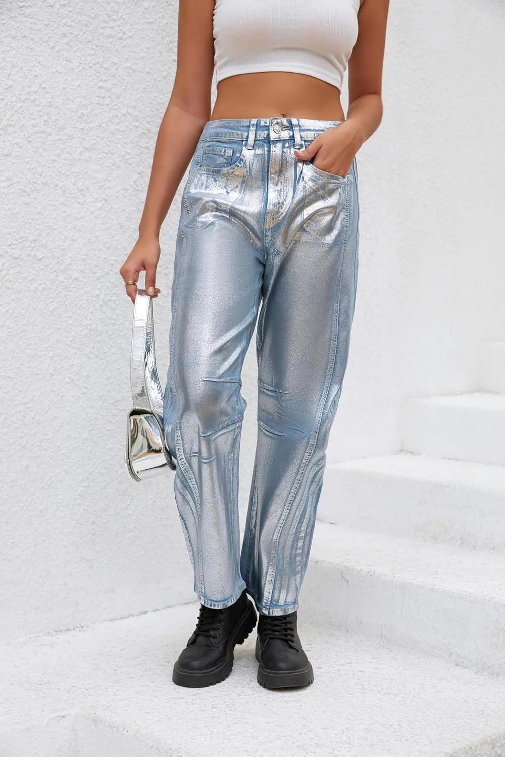 Kedera Women's Shiny Metallic Barrel Jeans - Straight Wide Leg Glitter Denim Pants - Y2K Disco Horseshoe Trousers