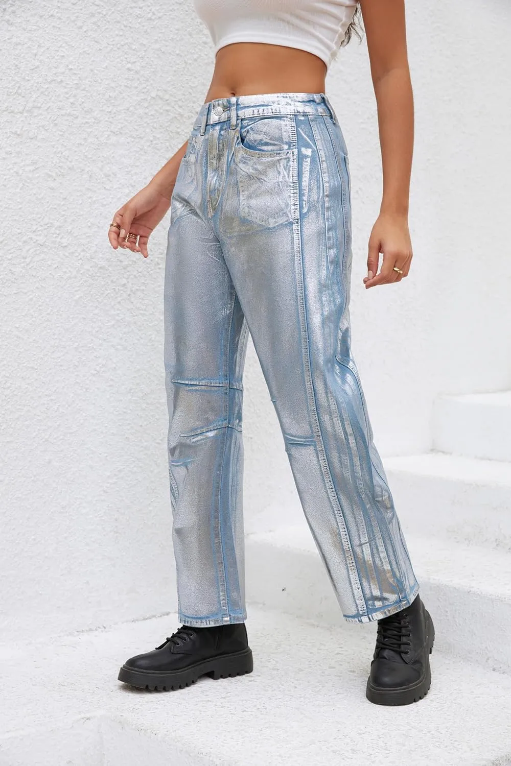 Kedera Women's Shiny Metallic Barrel Jeans - Straight Wide Leg Glitter Denim Pants - Y2K Disco Horseshoe Trousers