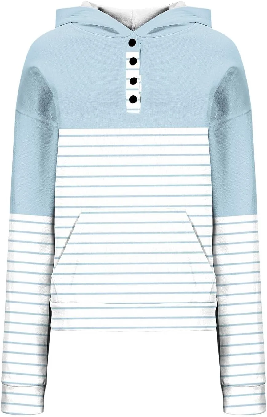 Ladies Stripes Hoodie Women Color Block Hoody Shirt Sweatshirt V Neck Sweater Top with Buttons Long Sleeve Pullover