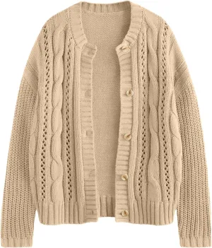 LILLUSORY Women's Cardigan Sweaters Cable Knit Crochet Cotton Fall Jackets Button Up Chunky Trendy Outfits