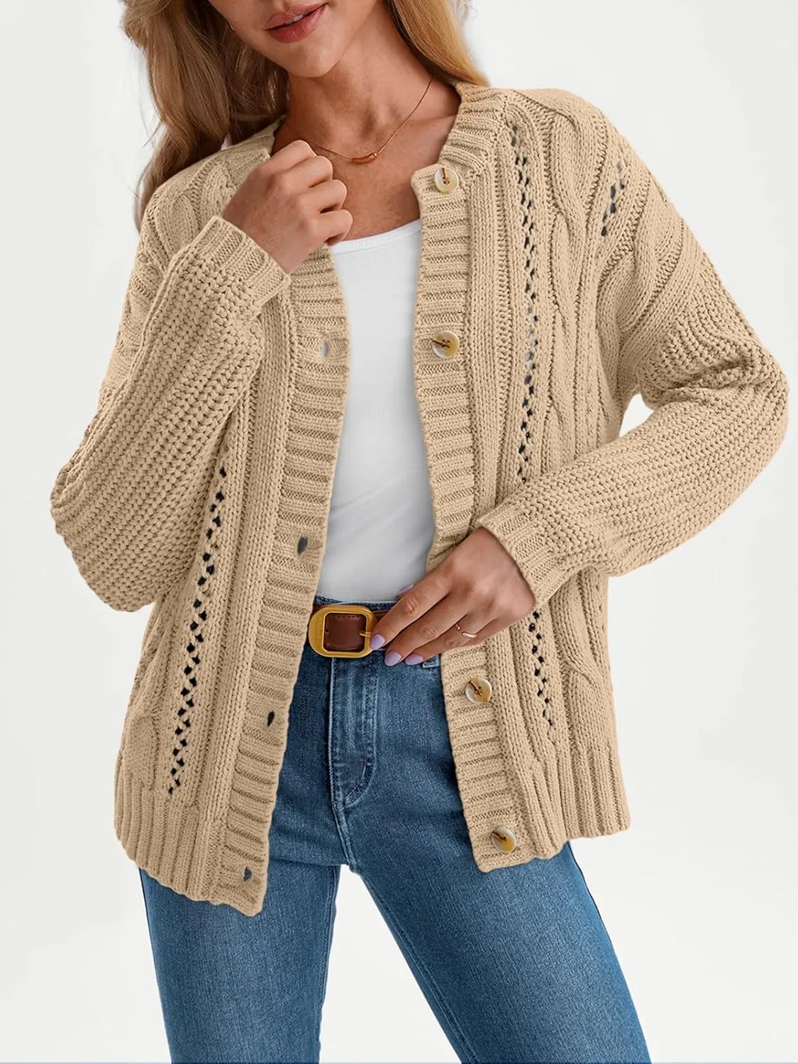LILLUSORY Women's Cardigan Sweaters Cable Knit Crochet Cotton Fall Jackets Button Up Chunky Trendy Outfits