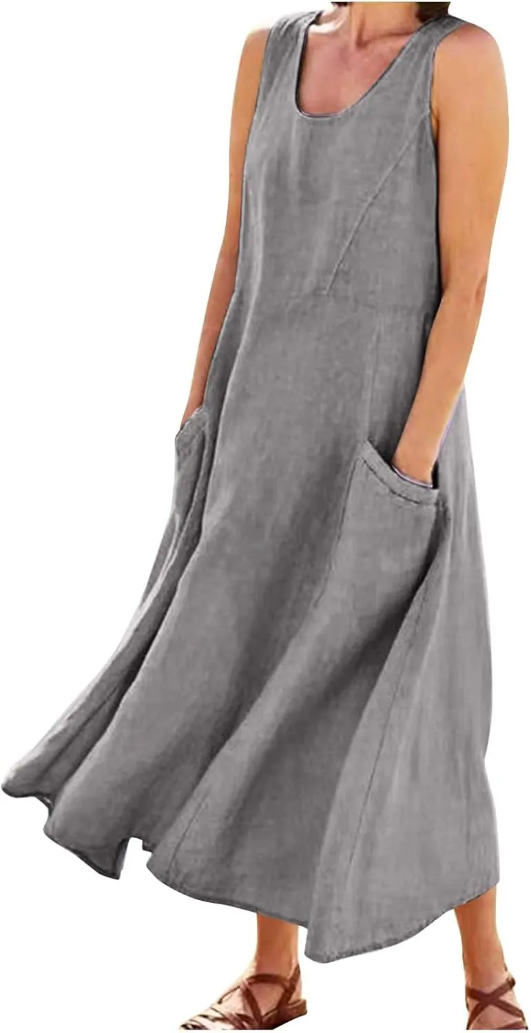 Linen Dresses for Women 2025 Casual Summer Sleeveless U Neck Flowy Maxi Dress Plus Size Boho Sundress with Pockets