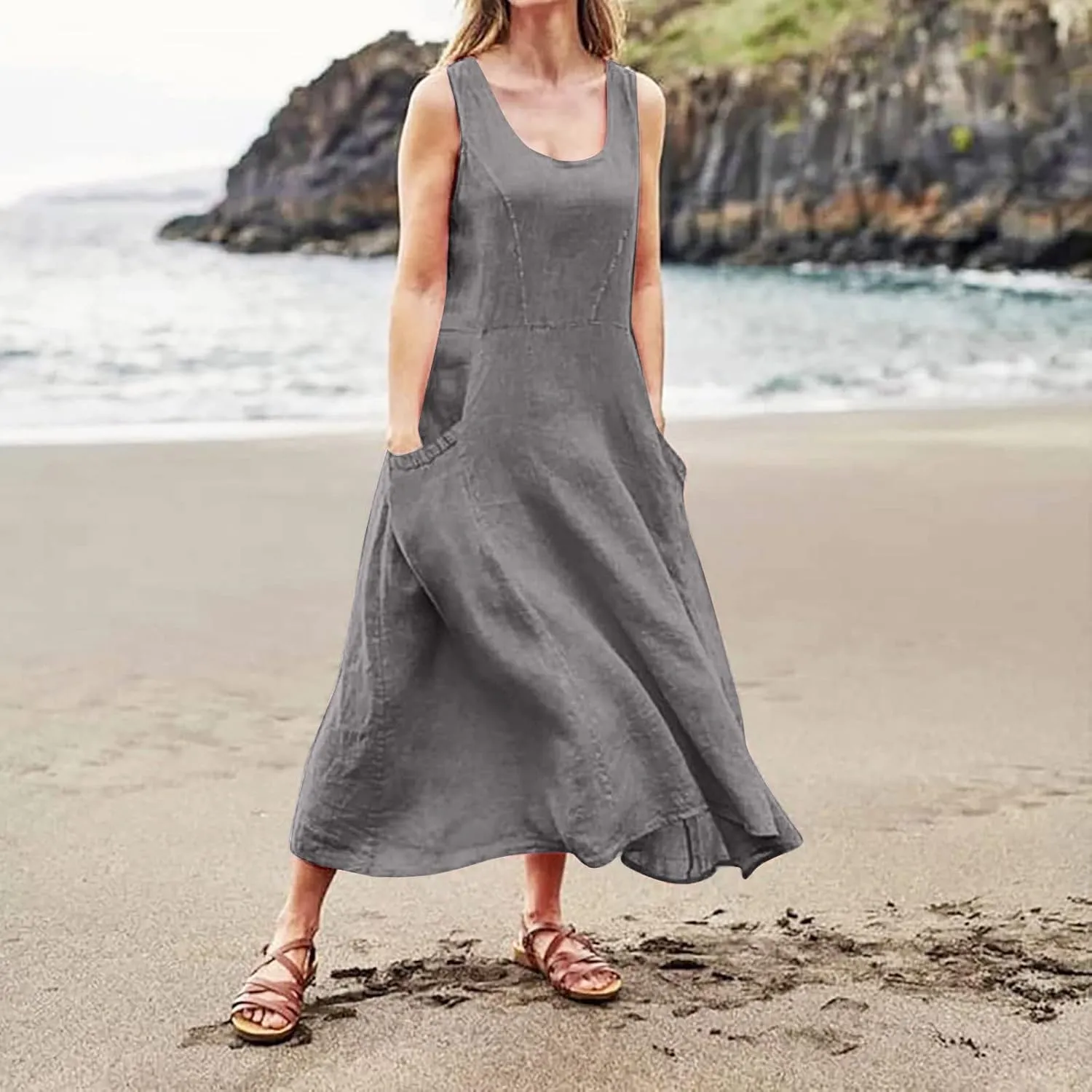 Linen Dresses for Women 2025 Casual Summer Sleeveless U Neck Flowy Maxi Dress Plus Size Boho Sundress with Pockets