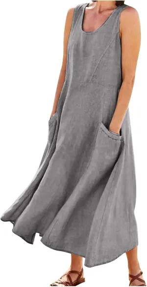 Linen Dresses for Women 2025 Casual Summer Sleeveless U Neck Flowy Maxi Dress Plus Size Boho Sundress with Pockets