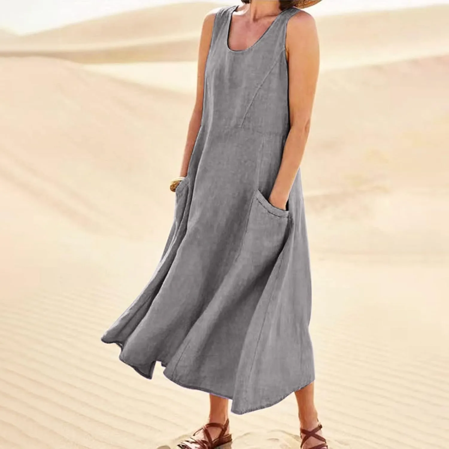 Linen Dresses for Women 2025 Casual Summer Sleeveless U Neck Flowy Maxi Dress Plus Size Boho Sundress with Pockets