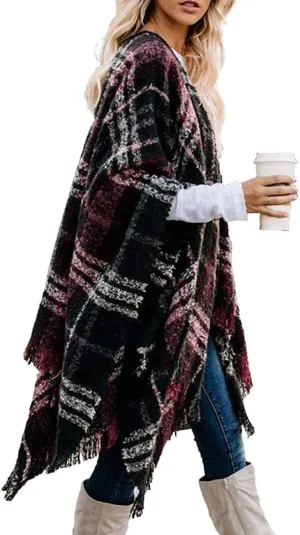 LittleMax Women's Shawl Wraps Fall Clothes Open Front Boho Tessel Cardigan Plaid Knitted Sweater