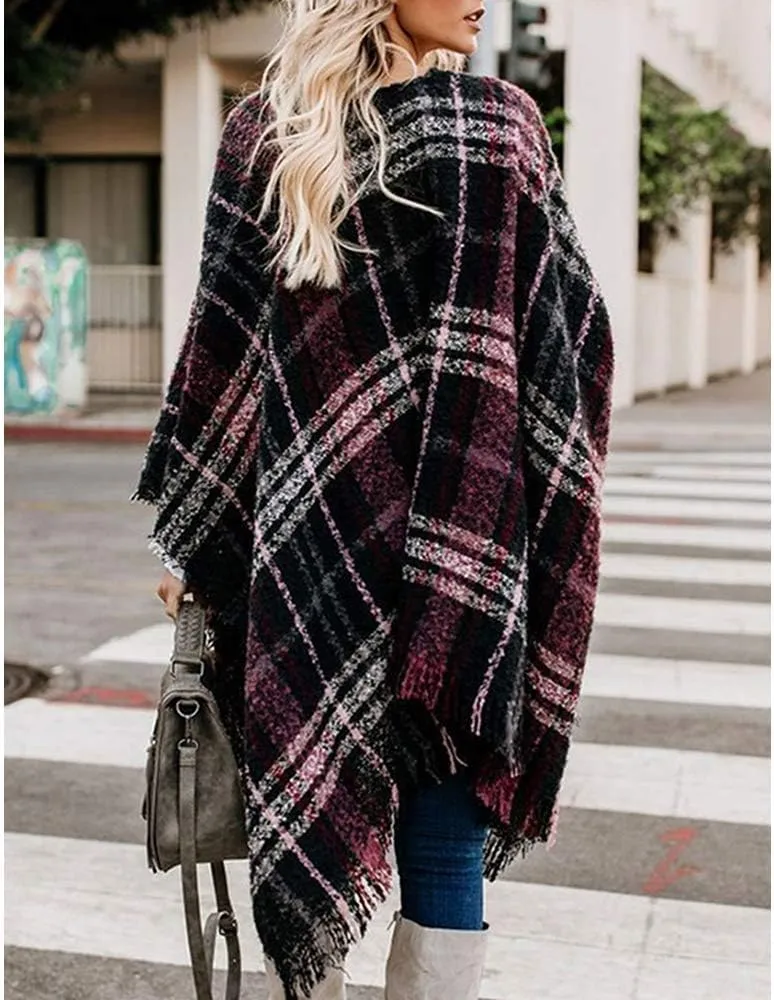 LittleMax Women's Shawl Wraps Fall Clothes Open Front Boho Tessel Cardigan Plaid Knitted Sweater