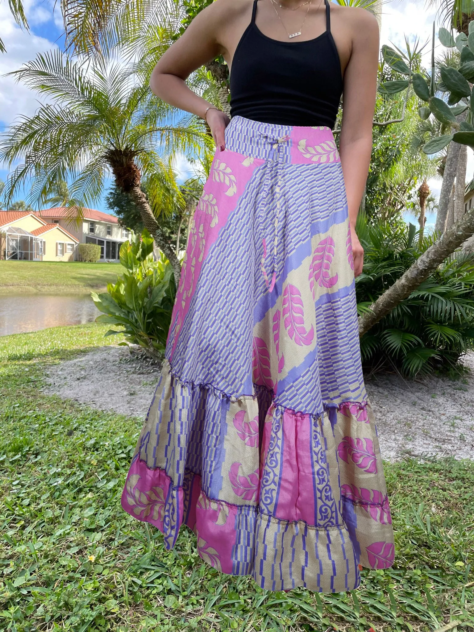 Long Skirt Pink Blue Floral Maxi Skirt Patchwork Boho Skirt Dress M/L