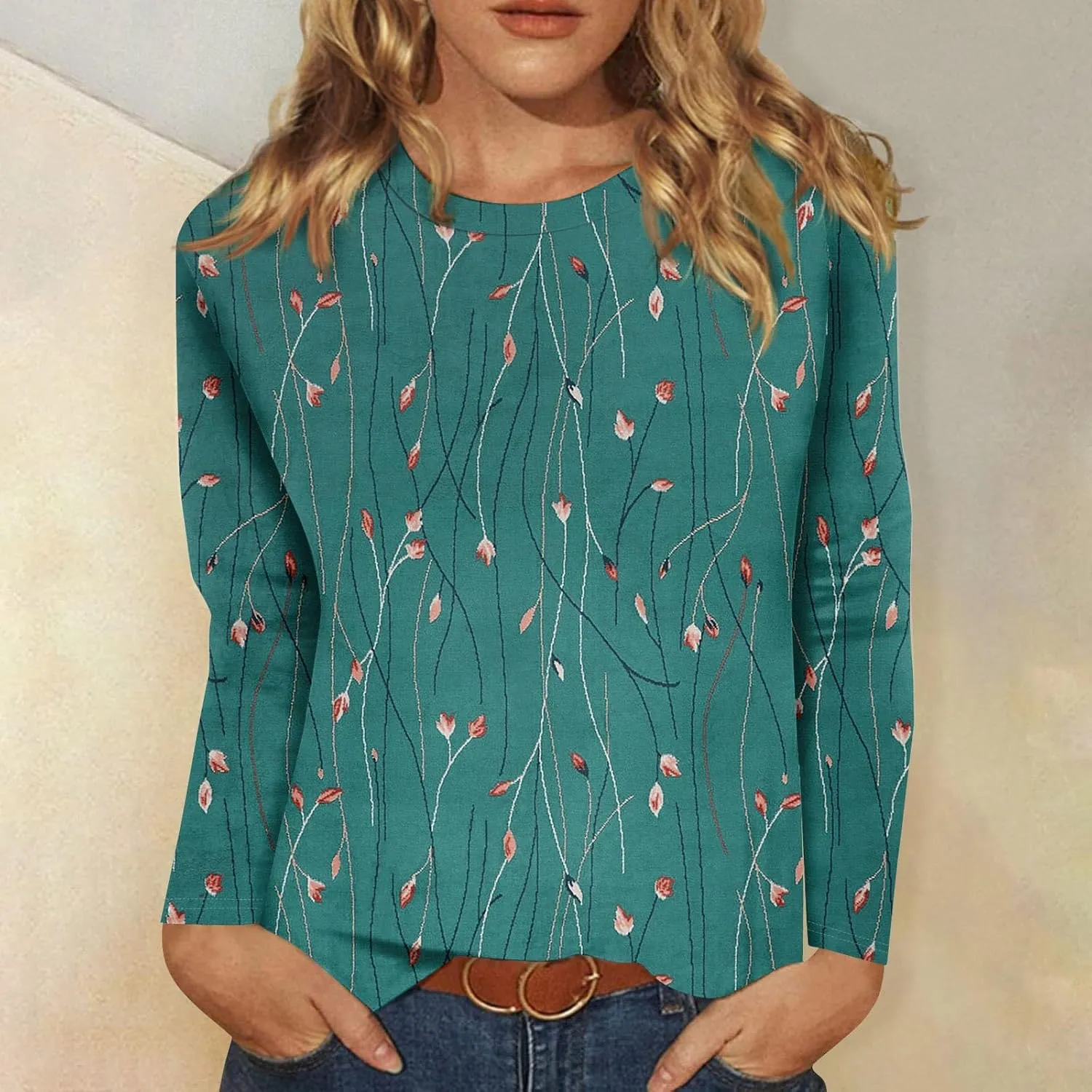 Long Sleeve Tops for Women Crewneck Cute Shirts Casual Trendy Floral Print T-Shirts 2024 Blouses