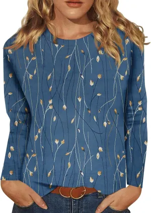 Long Sleeve Tops for Women Crewneck Cute Shirts Casual Trendy Floral Print T-Shirts 2024 Blouses