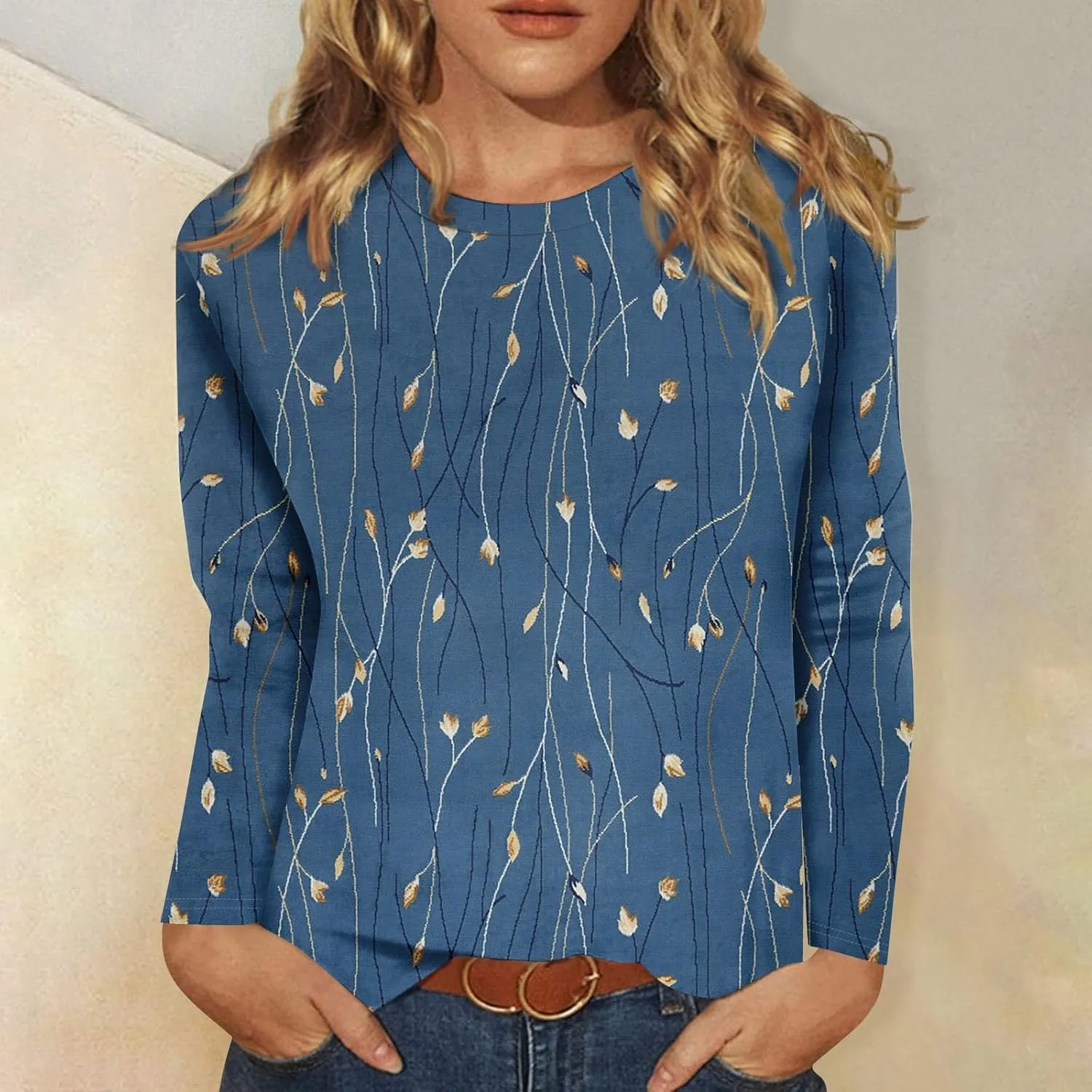 Long Sleeve Tops for Women Crewneck Cute Shirts Casual Trendy Floral Print T-Shirts 2024 Blouses