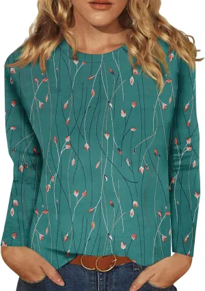 Long Sleeve Tops for Women Crewneck Cute Shirts Casual Trendy Floral Print T-Shirts 2024 Blouses
