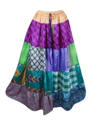 Maxi Skirt in Sky Blue, Multi Floral Patchwork Boho Style in S/M/L
