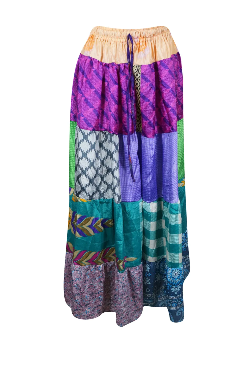 Maxi Skirt in Sky Blue, Multi Floral Patchwork Boho Style in S/M/L