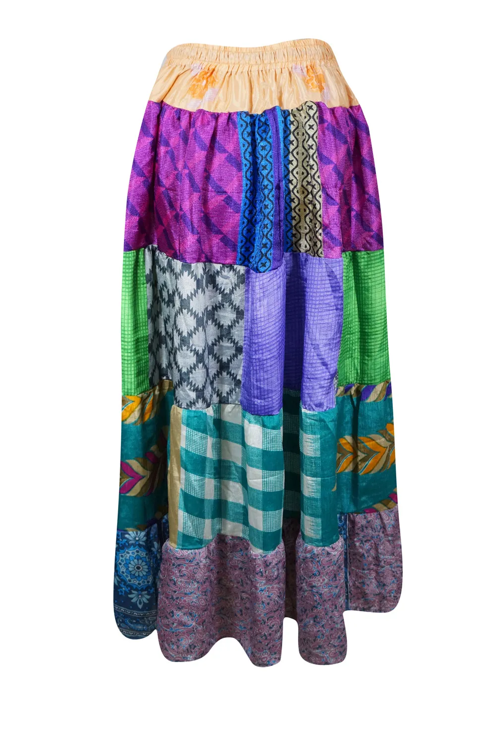 Maxi Skirt in Sky Blue, Multi Floral Patchwork Boho Style in S/M/L