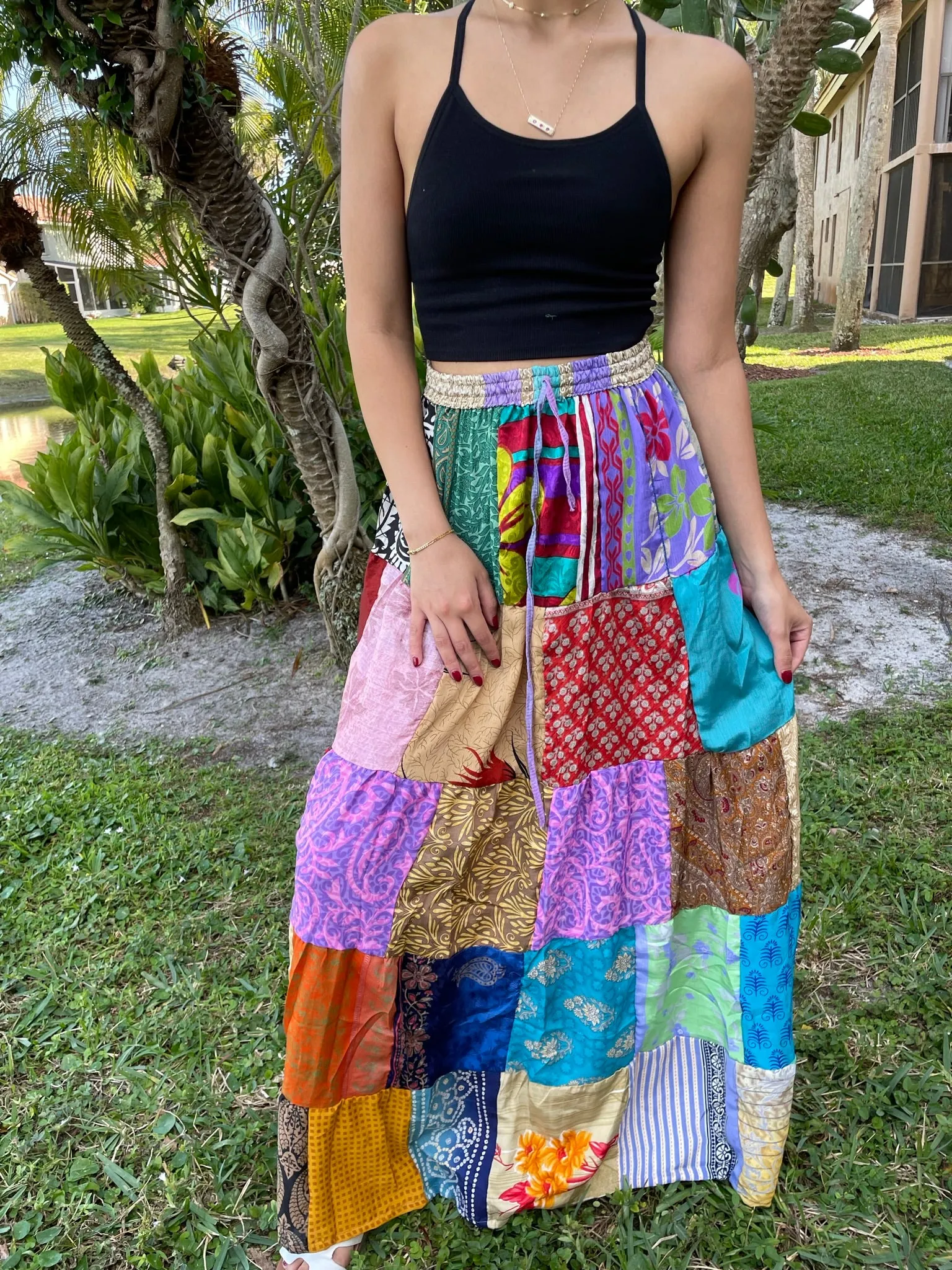 Maxi Skirt in Sky Blue, Multi Floral Patchwork Boho Style in S/M/L