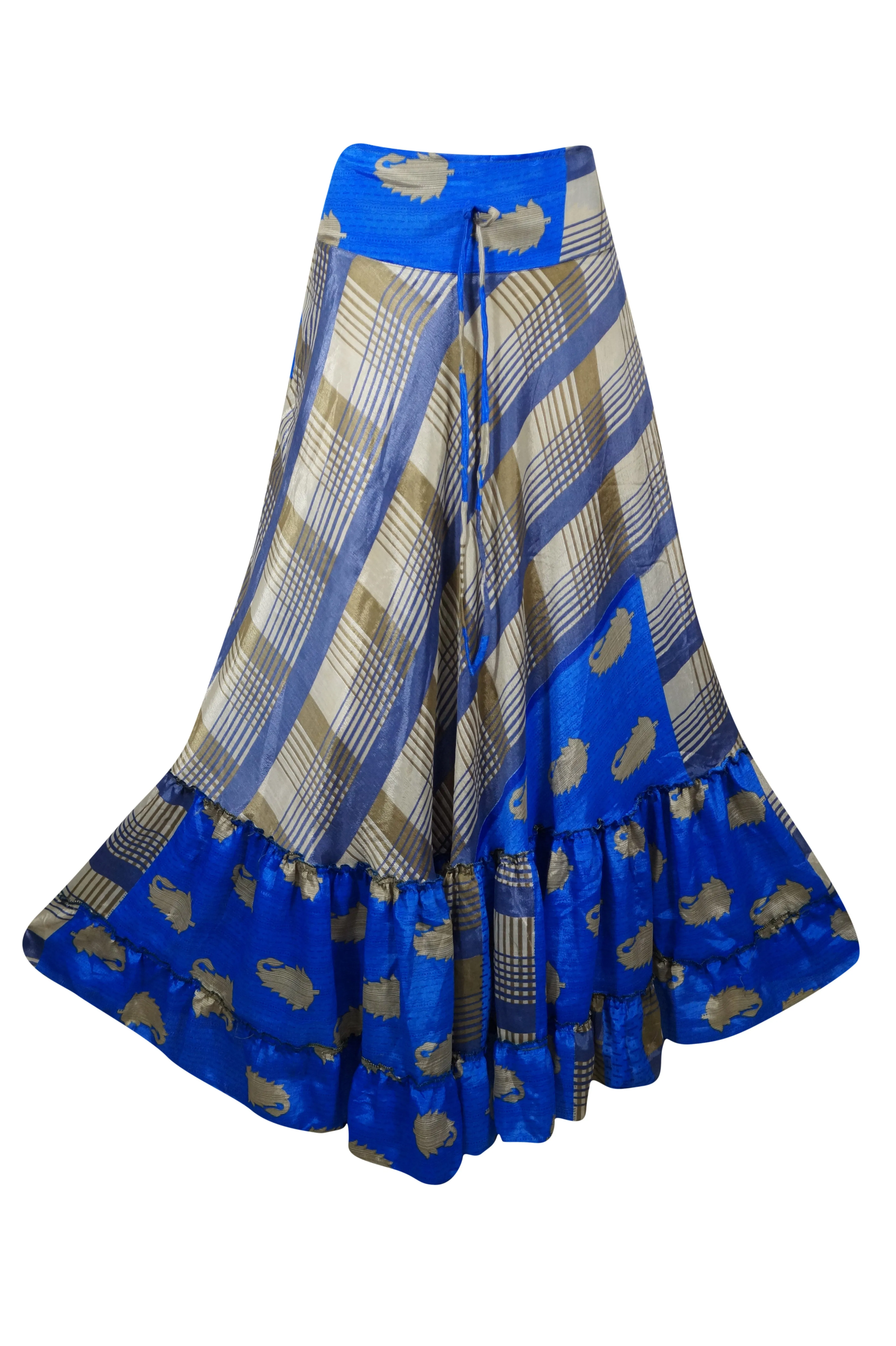 Maxi Skirts for Women Blue Stylish Skirt Tiered Ruffle Boho Skirt ML