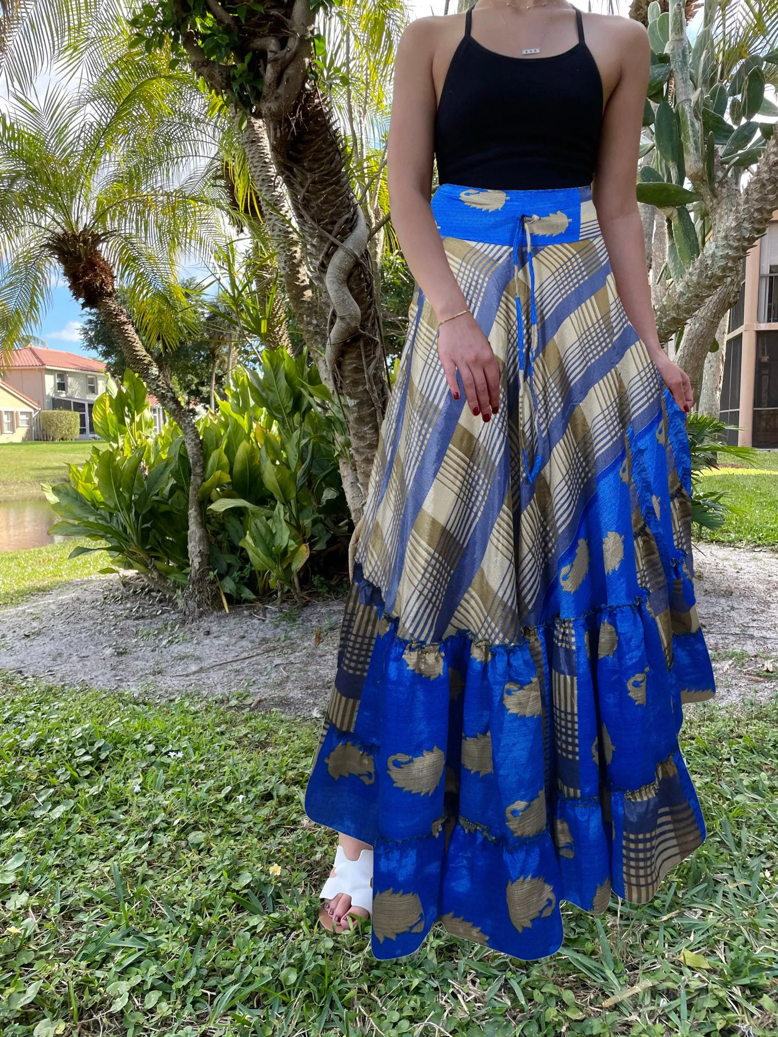 Maxi Skirts for Women Blue Stylish Skirt Tiered Ruffle Boho Skirt ML