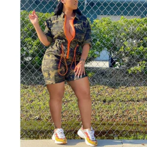 MB FASHION Camouflage Utility Jumpsuit with Orange Zipper and Drawstrings 250T last M