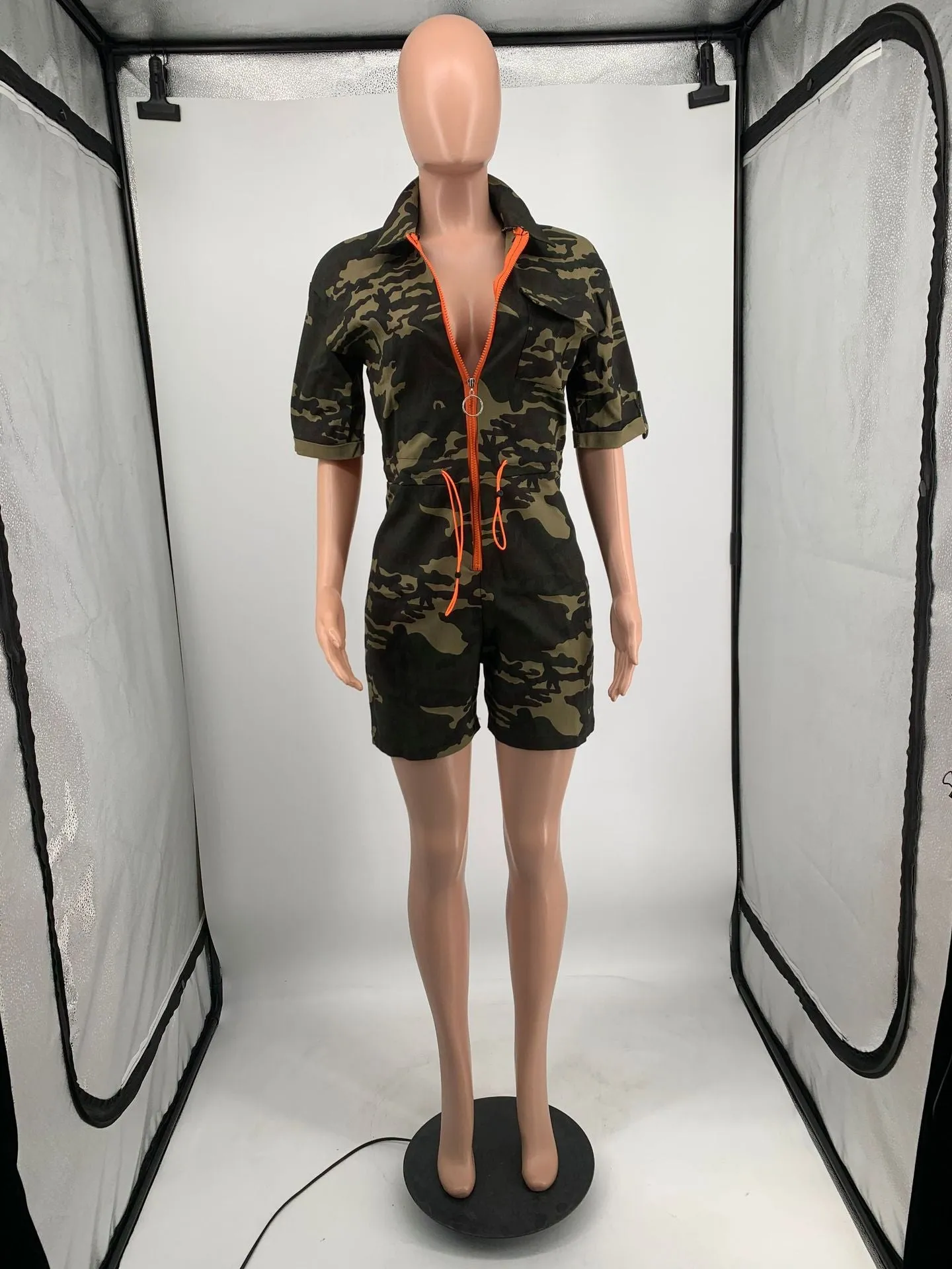 MB FASHION Camouflage Utility Jumpsuit with Orange Zipper and Drawstrings 250T last M