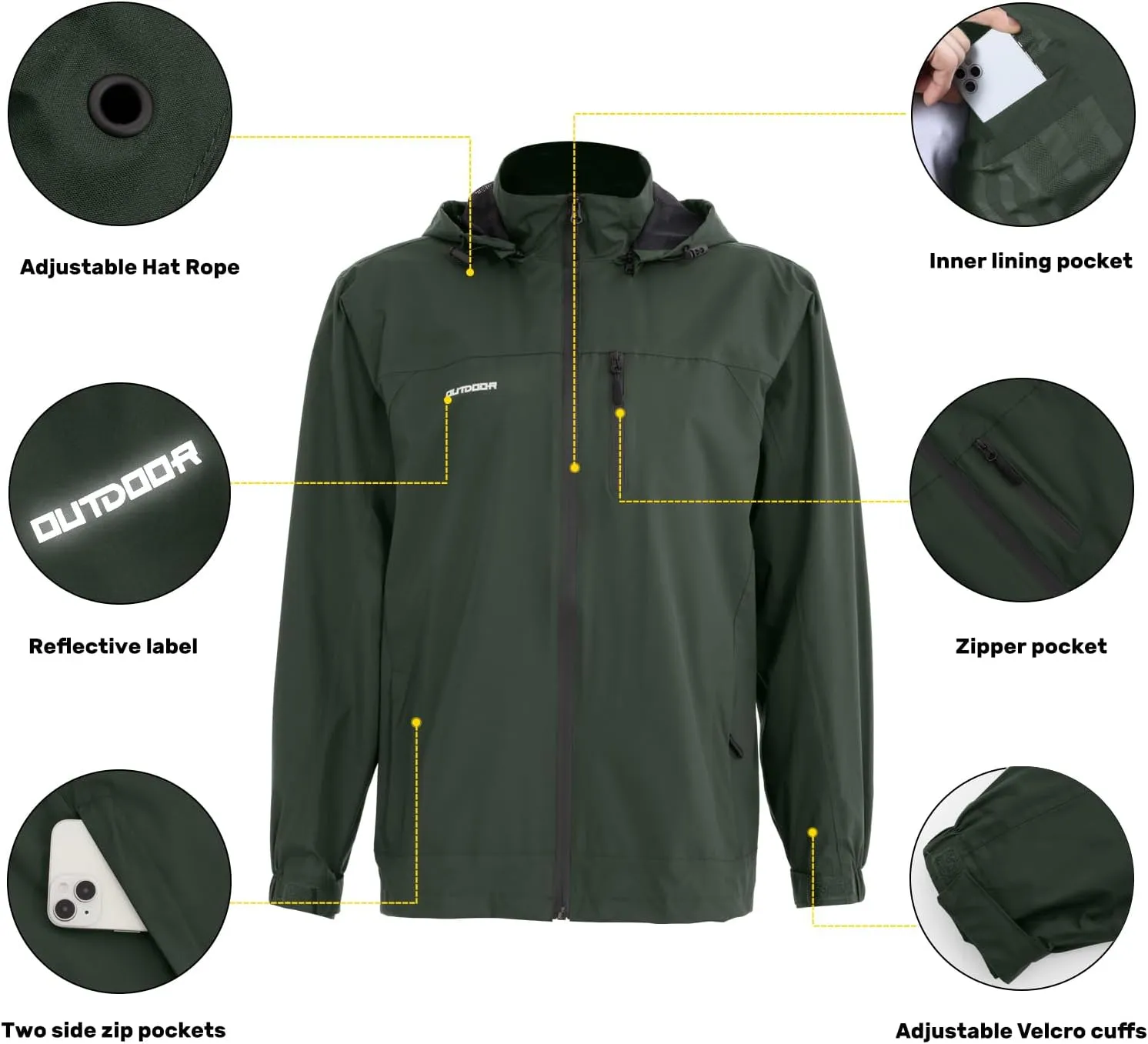 Men's Classic Windbreaker Jacket Lightweight All-Sport Waterproof Hiking Coat Detachable Hooded Windbreakers for Men