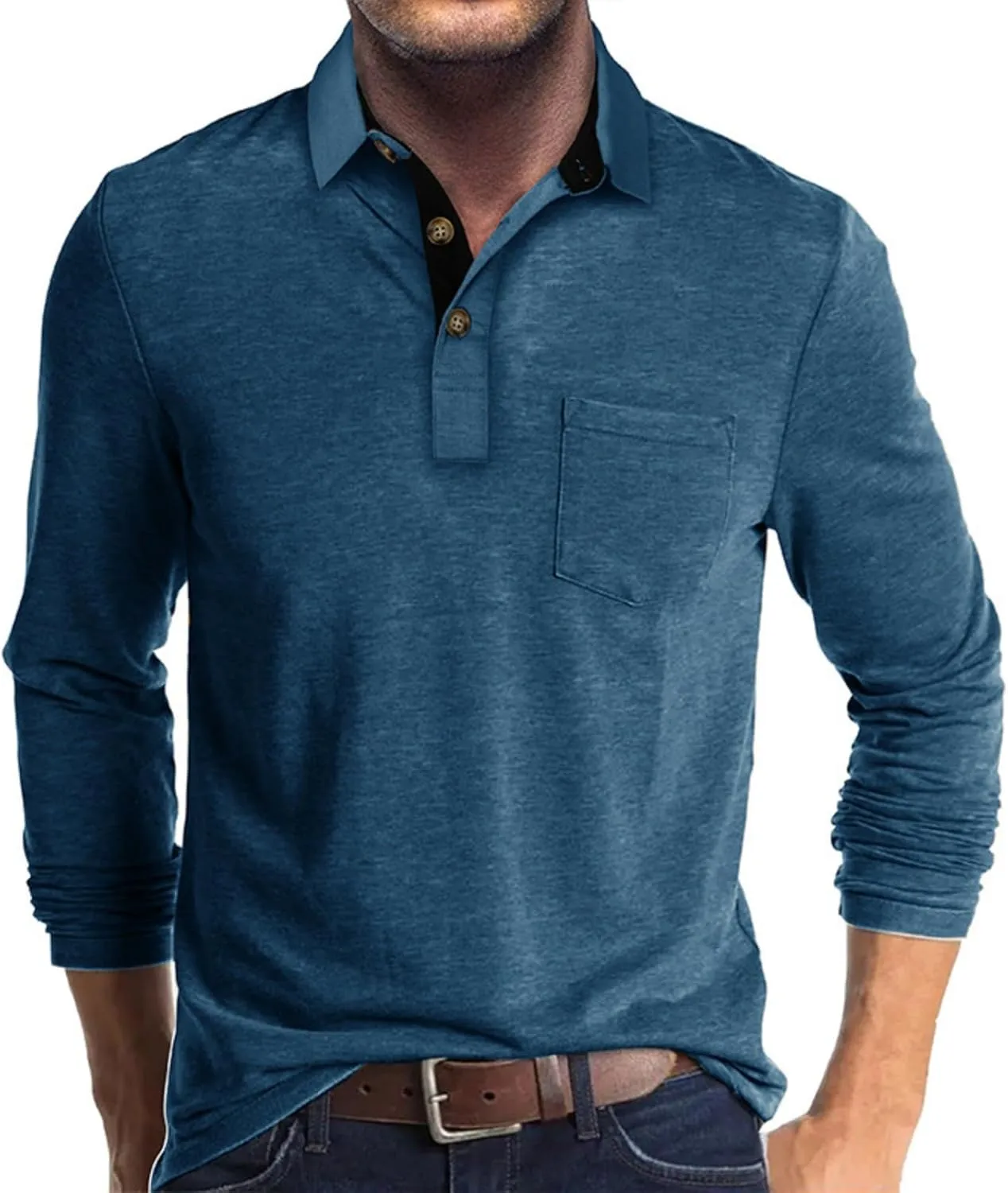 Men's Long Sleeve Polo Shirts Casual Button Classic Work Shirt Cotton Collared Basic Golf Shirt with Pocket