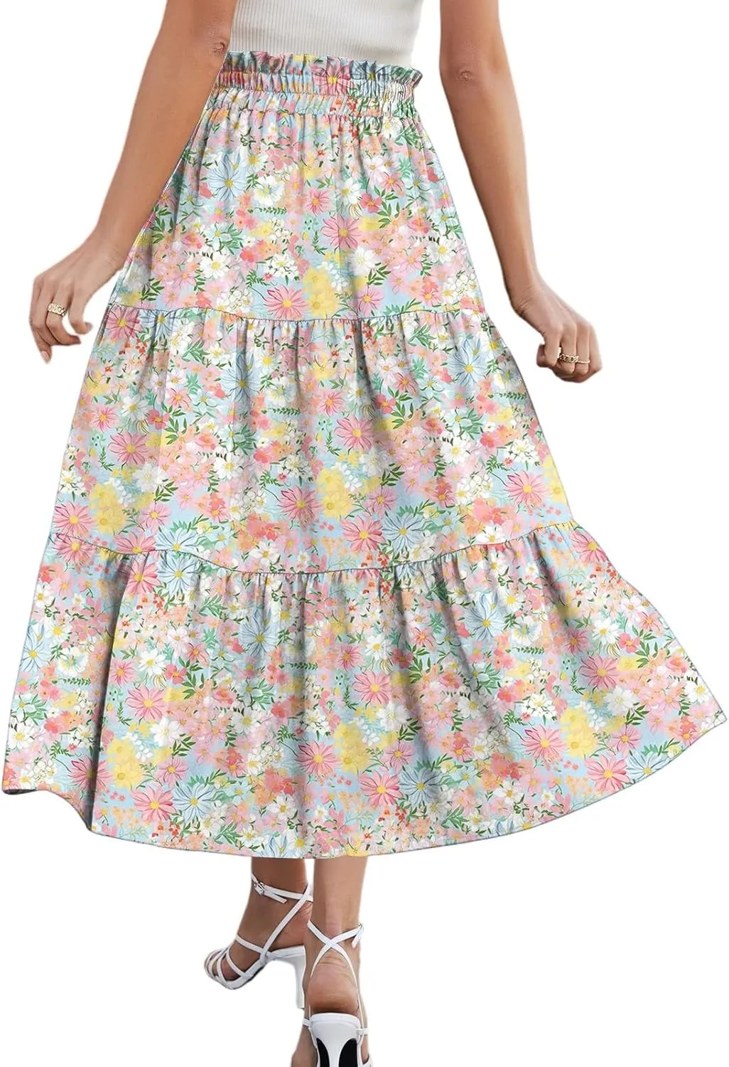 Midi Skirt for Women Summer Layered Tiered High Waisted Knee Length Skirt A Line Swing Floral Print Skirts with Pockets