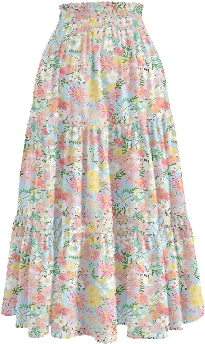Midi Skirt for Women Summer Layered Tiered High Waisted Knee Length Skirt A Line Swing Floral Print Skirts with Pockets