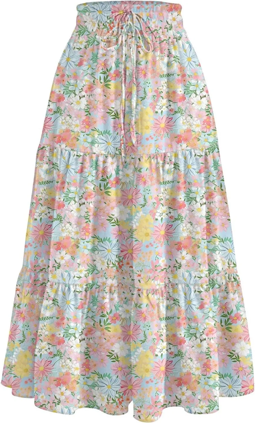 Midi Skirt for Women Summer Layered Tiered High Waisted Knee Length Skirt A Line Swing Floral Print Skirts with Pockets
