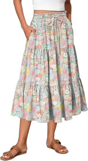 Midi Skirt for Women Summer Layered Tiered High Waisted Knee Length Skirt A Line Swing Floral Print Skirts with Pockets