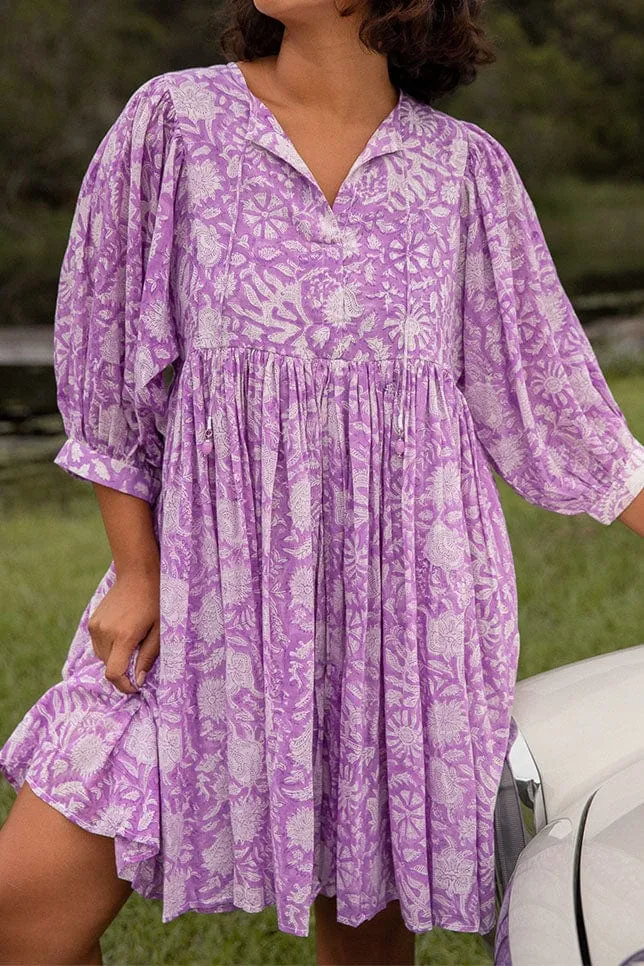 Mini Puff Sleeve Boho Beach Dress in Lilac