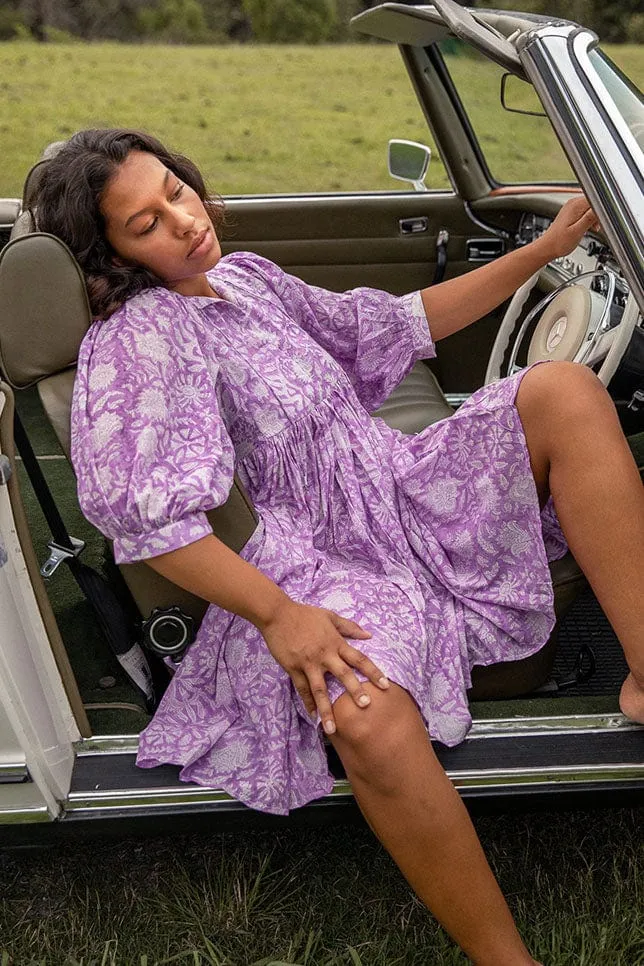 Mini Puff Sleeve Boho Beach Dress in Lilac