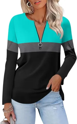 ORANDESIGNE Women's Long Sleeve Shirts Color Block Zipper Tops Tunics Casual Fall Ladies Tees