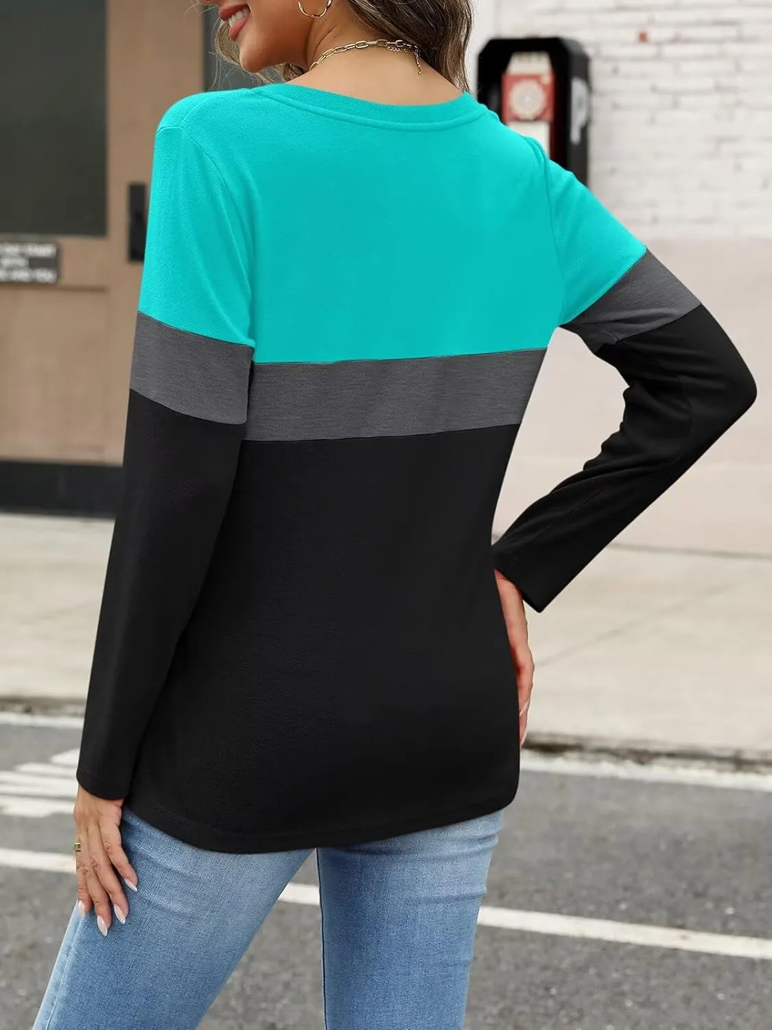 ORANDESIGNE Women's Long Sleeve Shirts Color Block Zipper Tops Tunics Casual Fall Ladies Tees