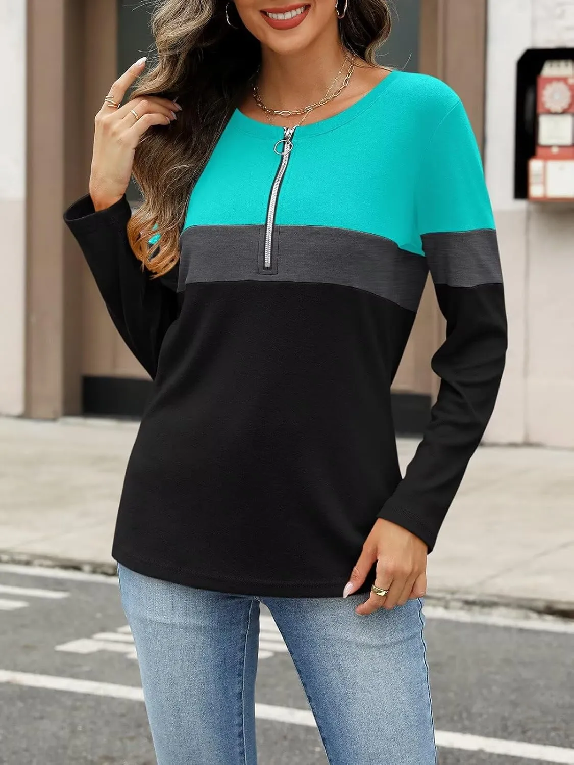 ORANDESIGNE Women's Long Sleeve Shirts Color Block Zipper Tops Tunics Casual Fall Ladies Tees