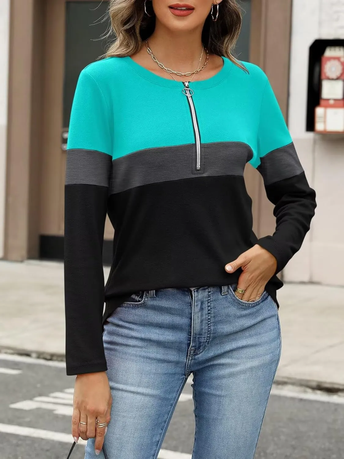 ORANDESIGNE Women's Long Sleeve Shirts Color Block Zipper Tops Tunics Casual Fall Ladies Tees