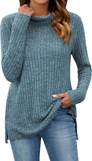 Poetsky Womens Turtleneck Tunic Sweaters to Wear with Leggings 2024 Side Split Fall Long Sleeve Tunic Tops