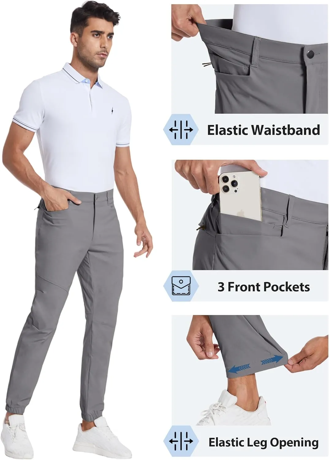 PULI Men's Stretch Golf Joggers Pants with 4 Pockets Waterproof Slim Fit Hiking Casual Travel Work Pants for Men