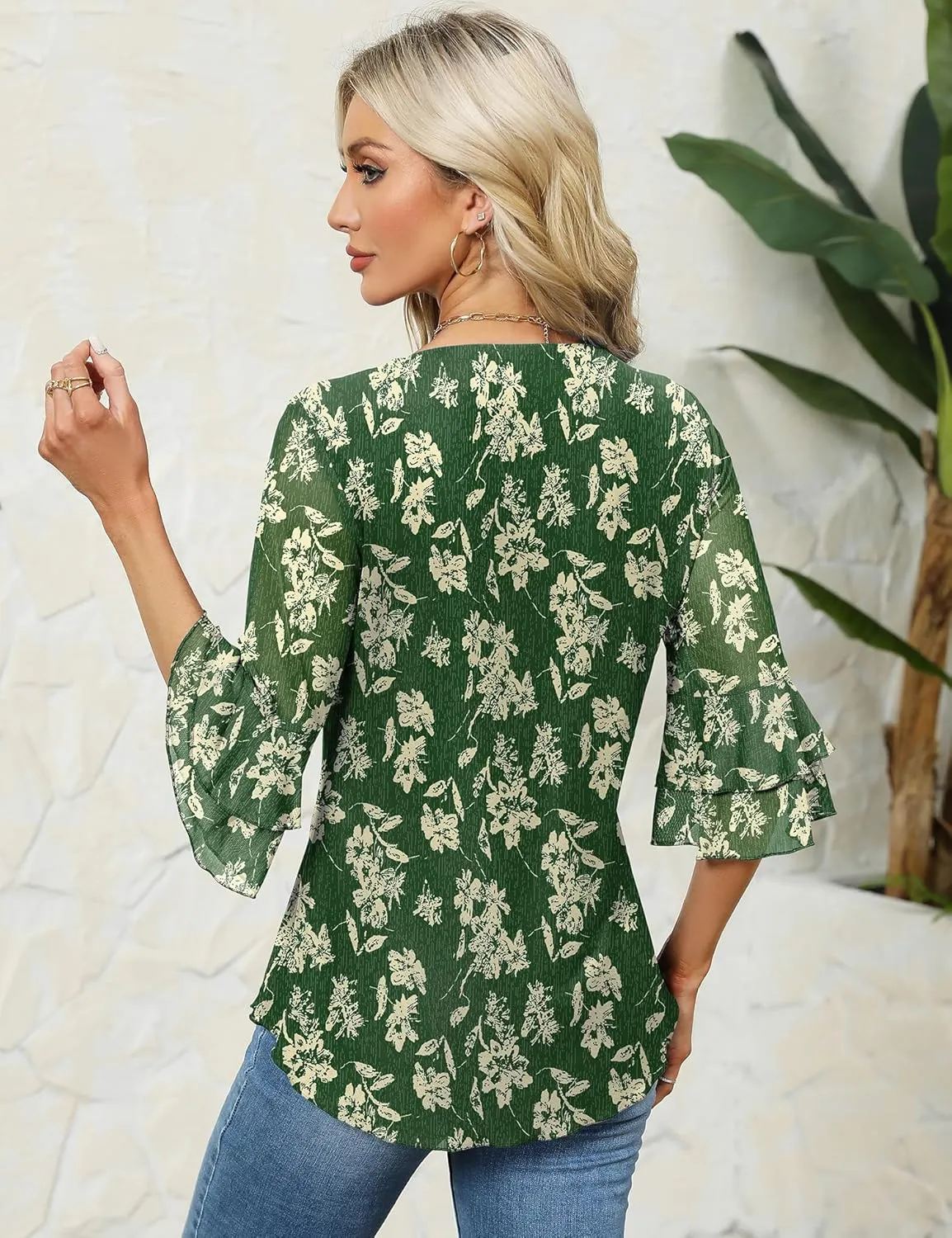 Rapbin Women Dressy Blouse 3/4 Sleeve Tiered Bell Sleeve Double Layers Mesh Shirt Trendy Flowy Tunic
