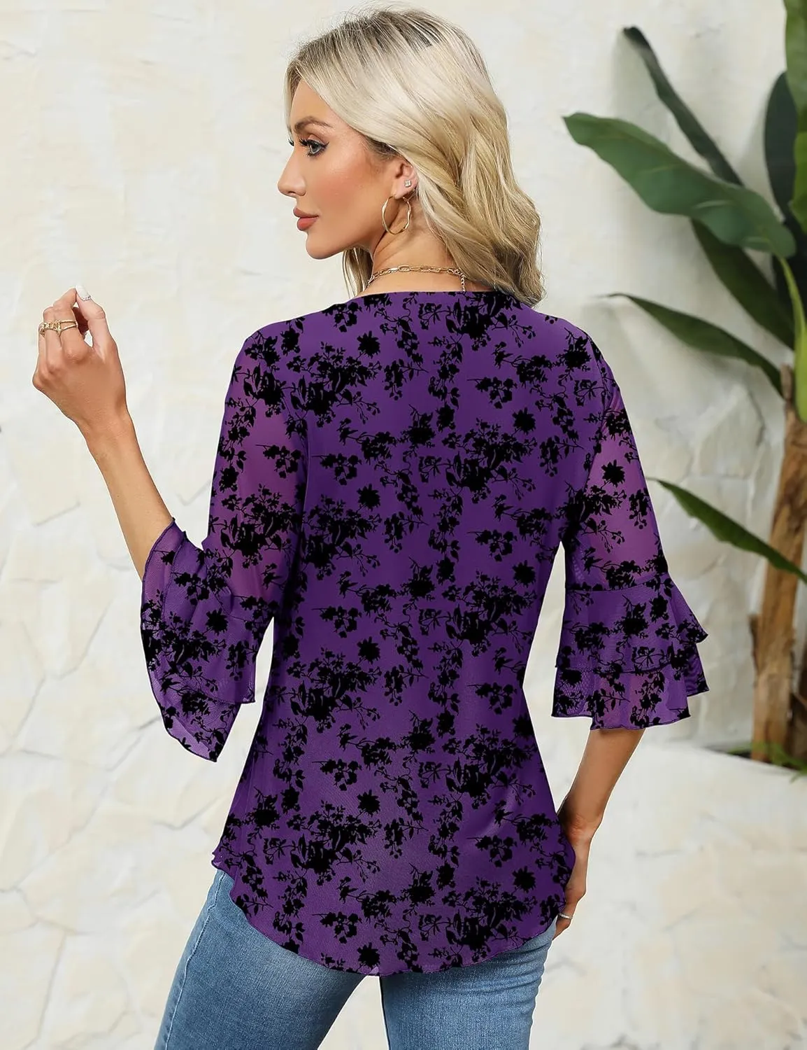 Rapbin Women Dressy Blouse 3/4 Sleeve Tiered Bell Sleeve Double Layers Mesh Shirt Trendy Flowy Tunic