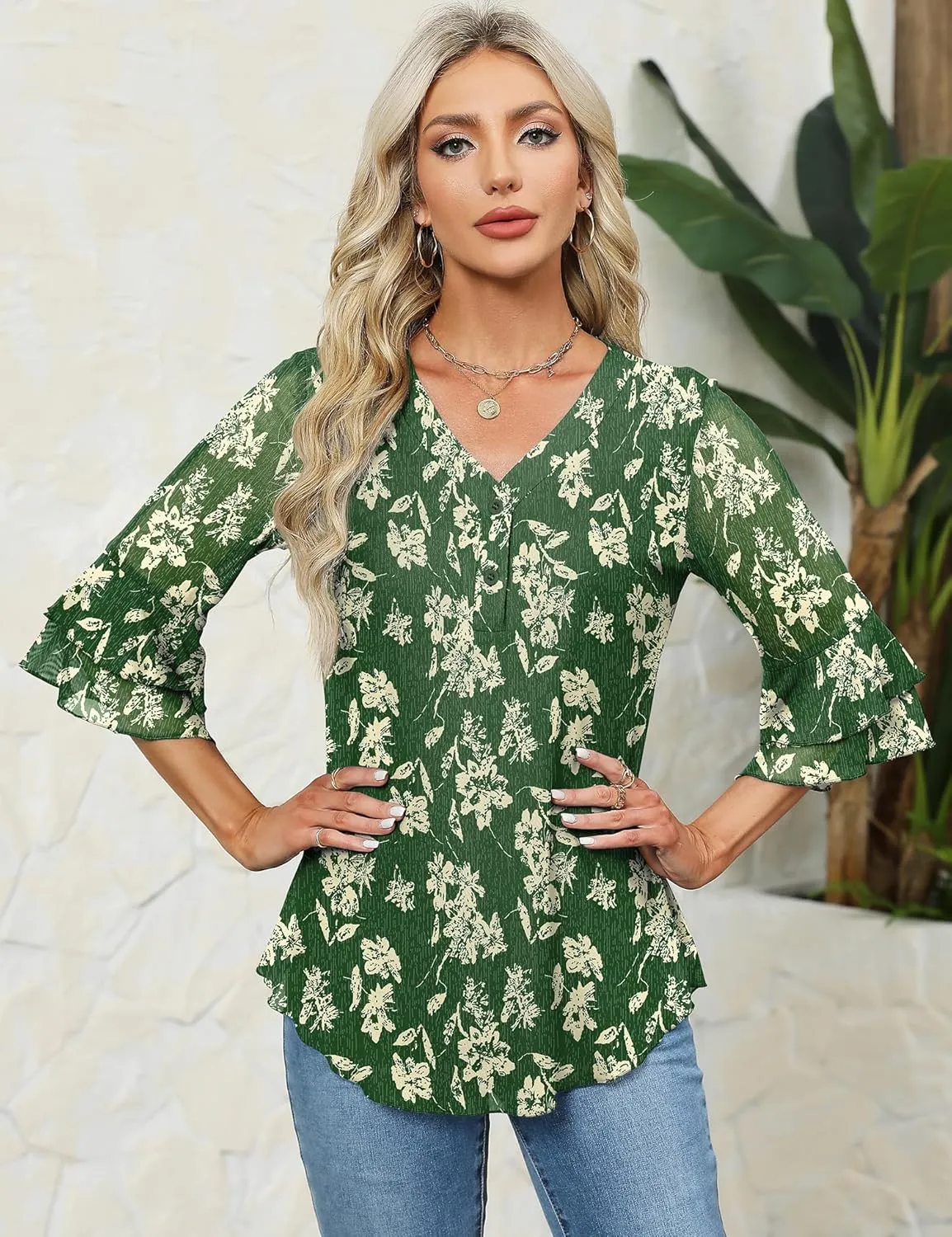 Rapbin Women Dressy Blouse 3/4 Sleeve Tiered Bell Sleeve Double Layers Mesh Shirt Trendy Flowy Tunic
