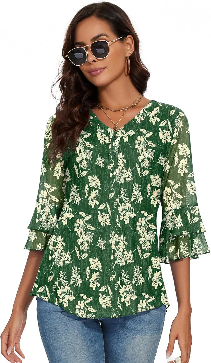 Rapbin Women Dressy Blouse 3/4 Sleeve Tiered Bell Sleeve Double Layers Mesh Shirt Trendy Flowy Tunic