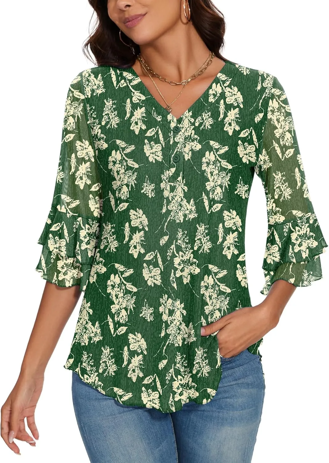 Rapbin Women Dressy Blouse 3/4 Sleeve Tiered Bell Sleeve Double Layers Mesh Shirt Trendy Flowy Tunic