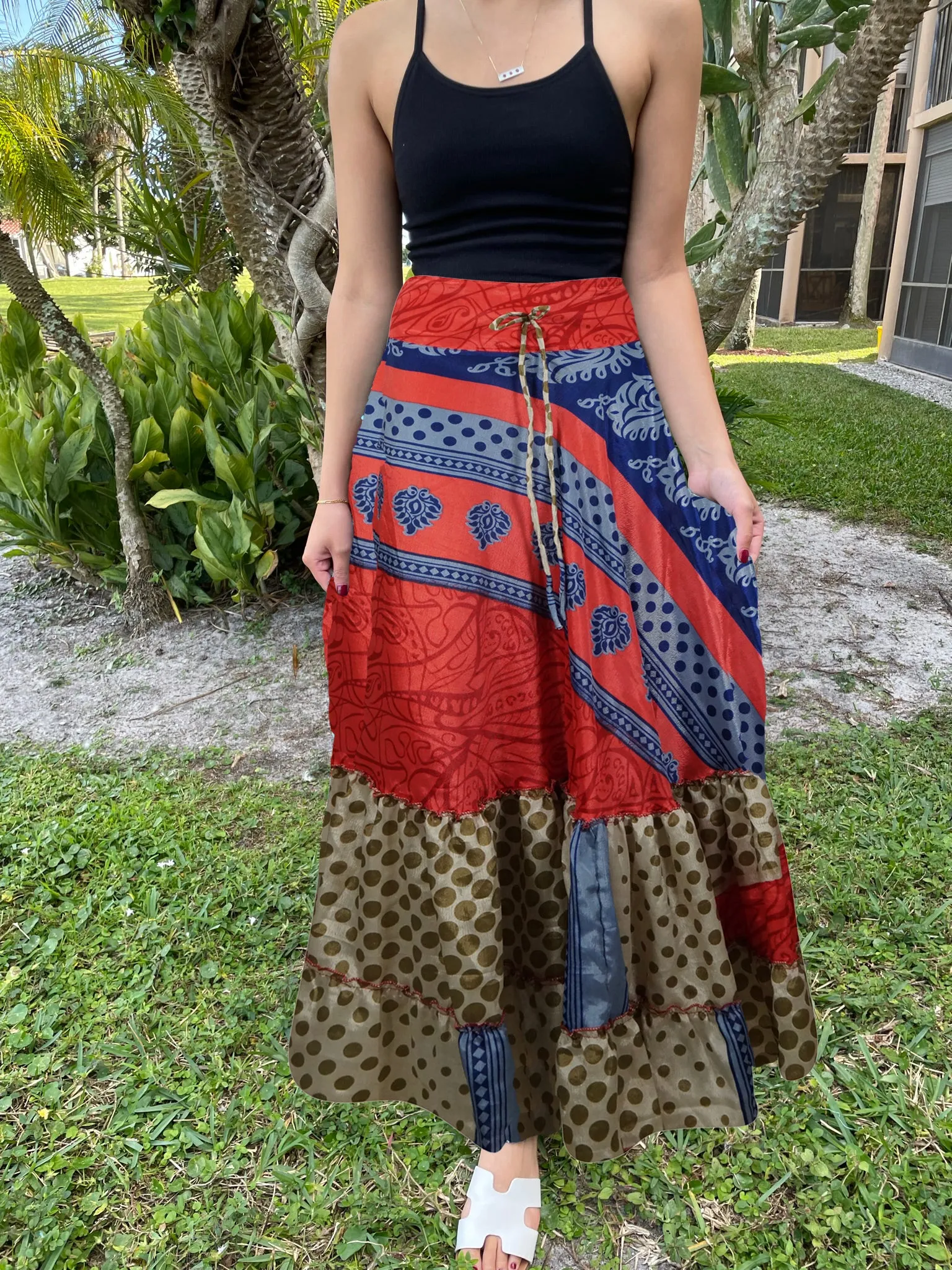 Red Blue Floral Beach Maxi Skirt Tiered Ruffle Boho Long Flared Skirt ML