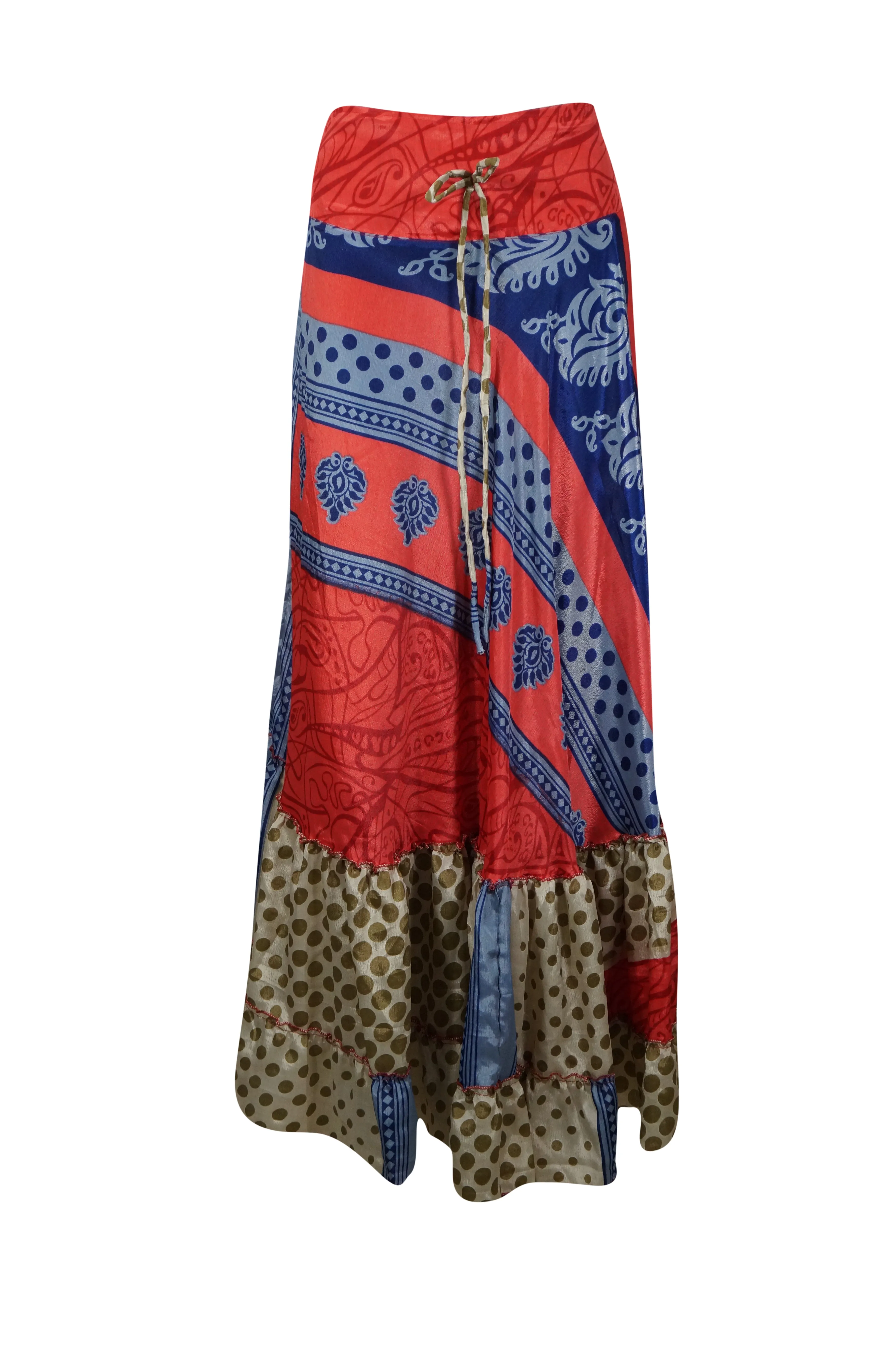 Red Blue Floral Beach Maxi Skirt Tiered Ruffle Boho Long Flared Skirt ML