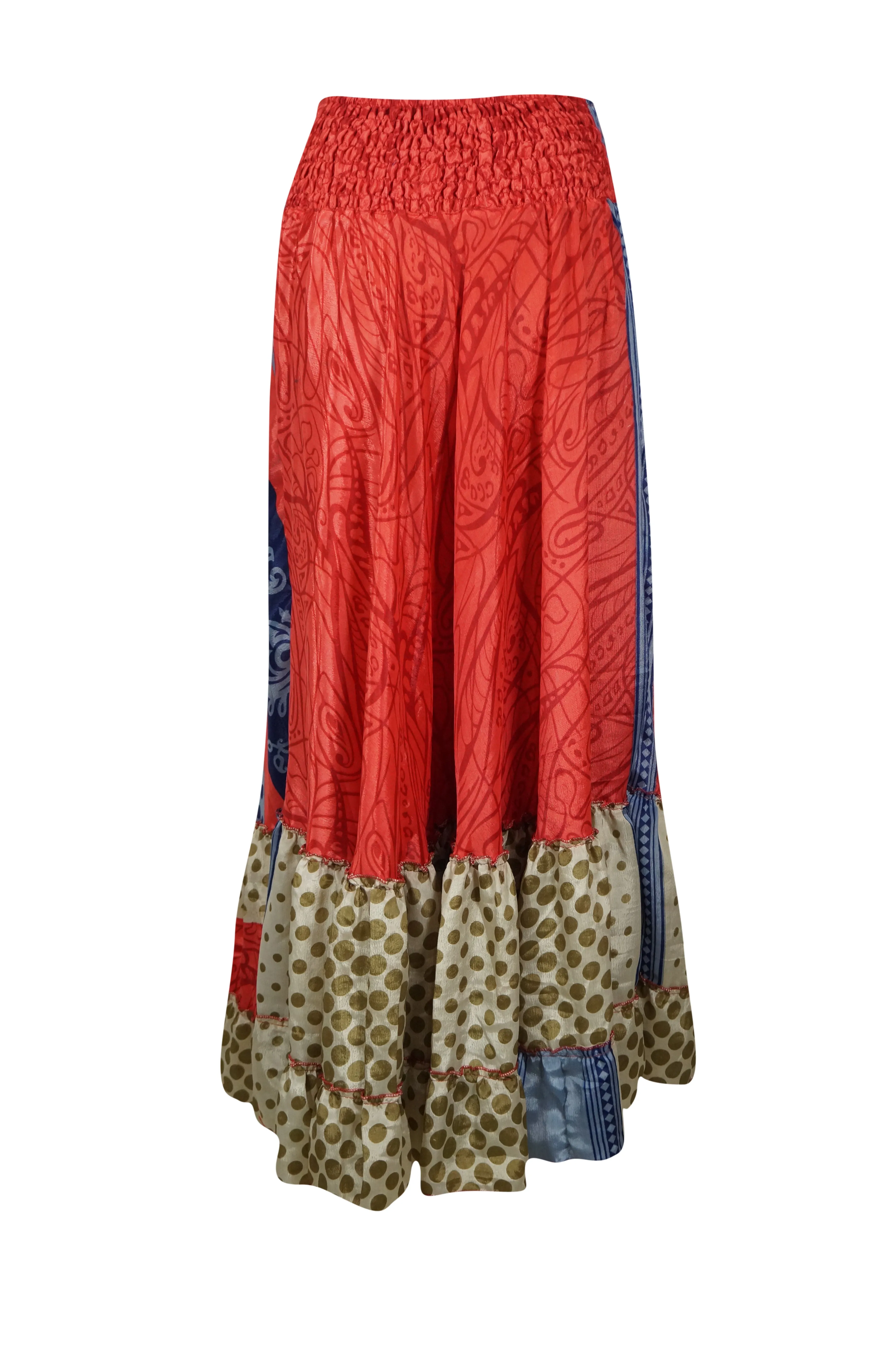 Red Blue Floral Beach Maxi Skirt Tiered Ruffle Boho Long Flared Skirt ML