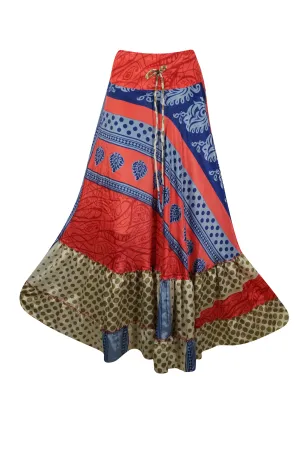 Red Blue Floral Beach Maxi Skirt Tiered Ruffle Boho Long Flared Skirt ML