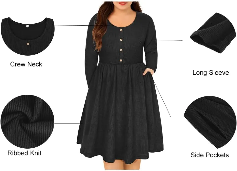RITERA Plus Size Dresses Long Sleeve Rib Knit Dress High Waisted Womens Fall Winter Solid Color Casual Dress XL-5XL