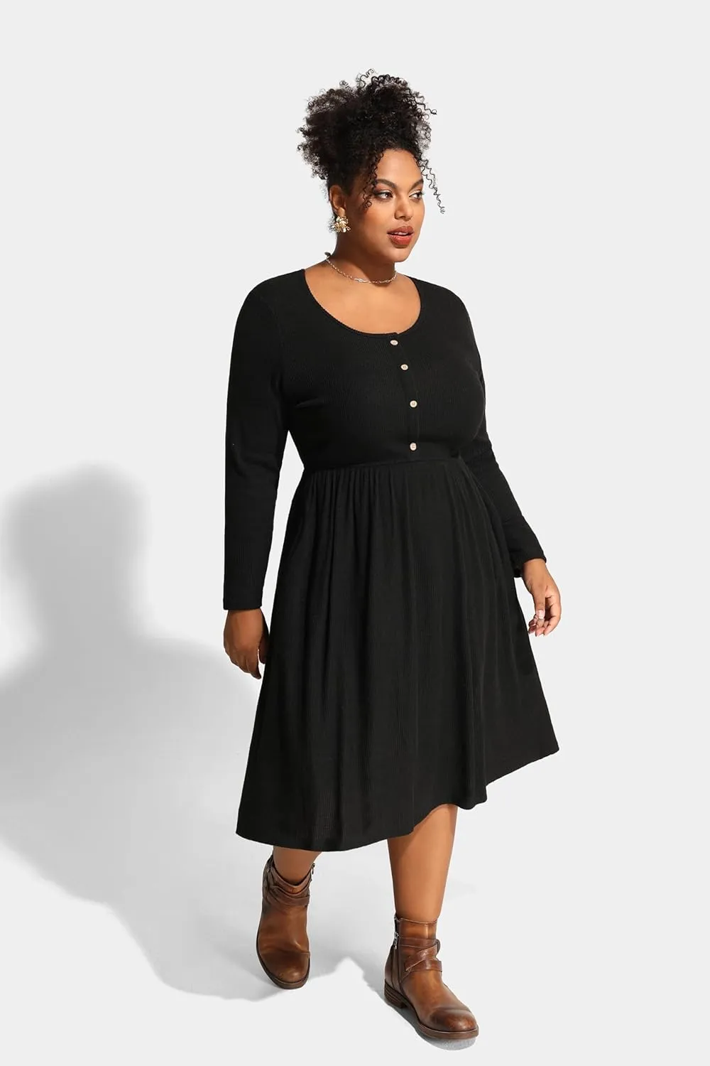 RITERA Plus Size Dresses Long Sleeve Rib Knit Dress High Waisted Womens Fall Winter Solid Color Casual Dress XL-5XL
