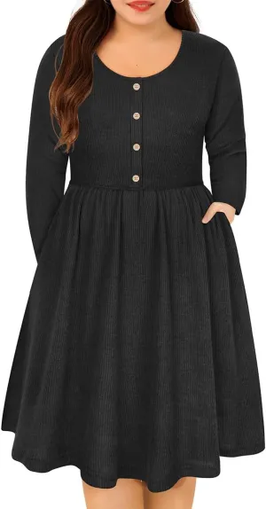 RITERA Plus Size Dresses Long Sleeve Rib Knit Dress High Waisted Womens Fall Winter Solid Color Casual Dress XL-5XL